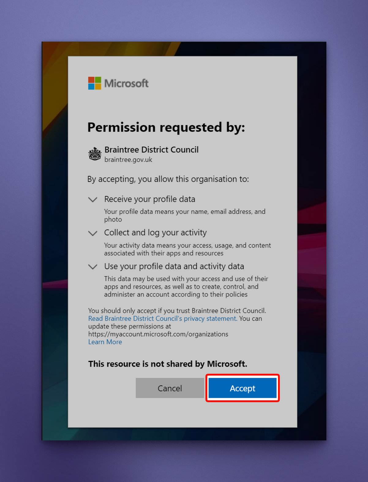 Screenshot of consent prompt for activating a Braintree Onboarding Portal account
