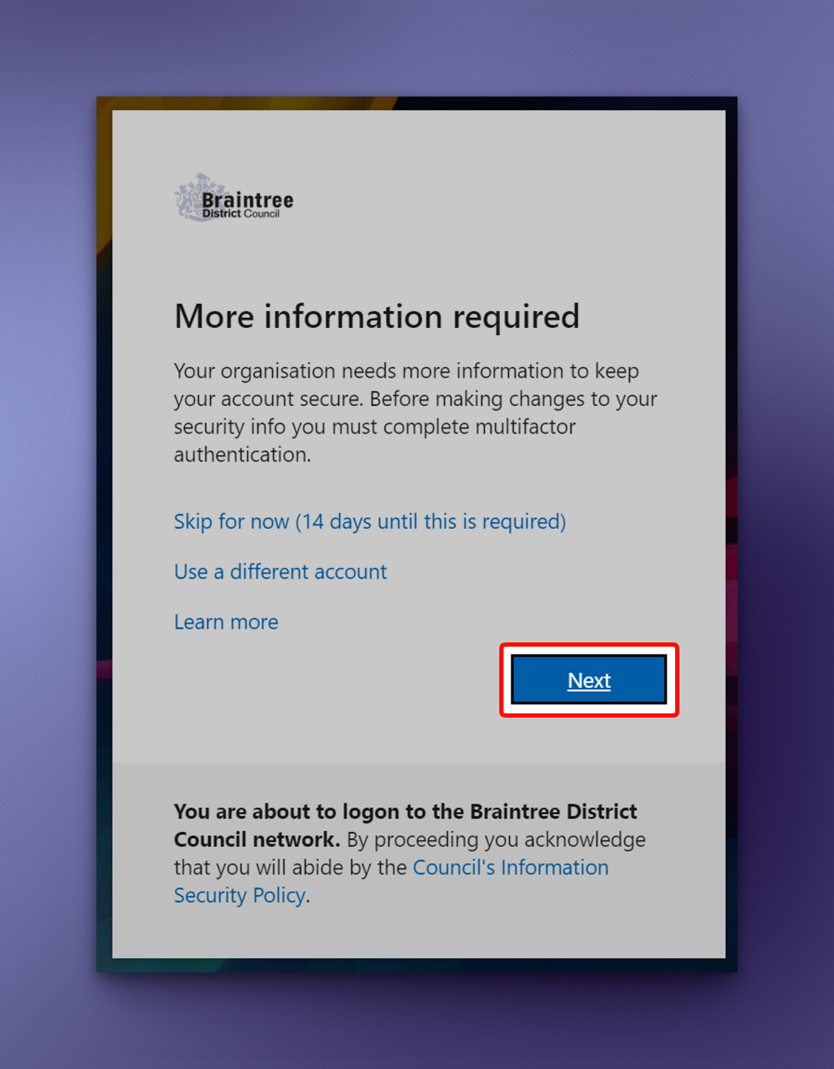 Screenshot of prompt for MFA setup