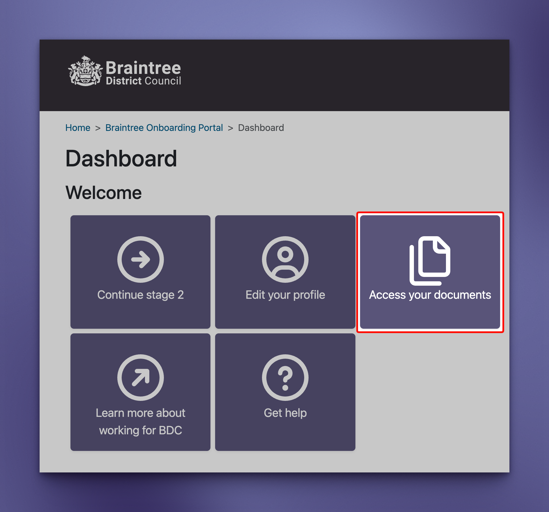 Screenshot of the Braintree Onboarding Portal highlighting the access your documents section