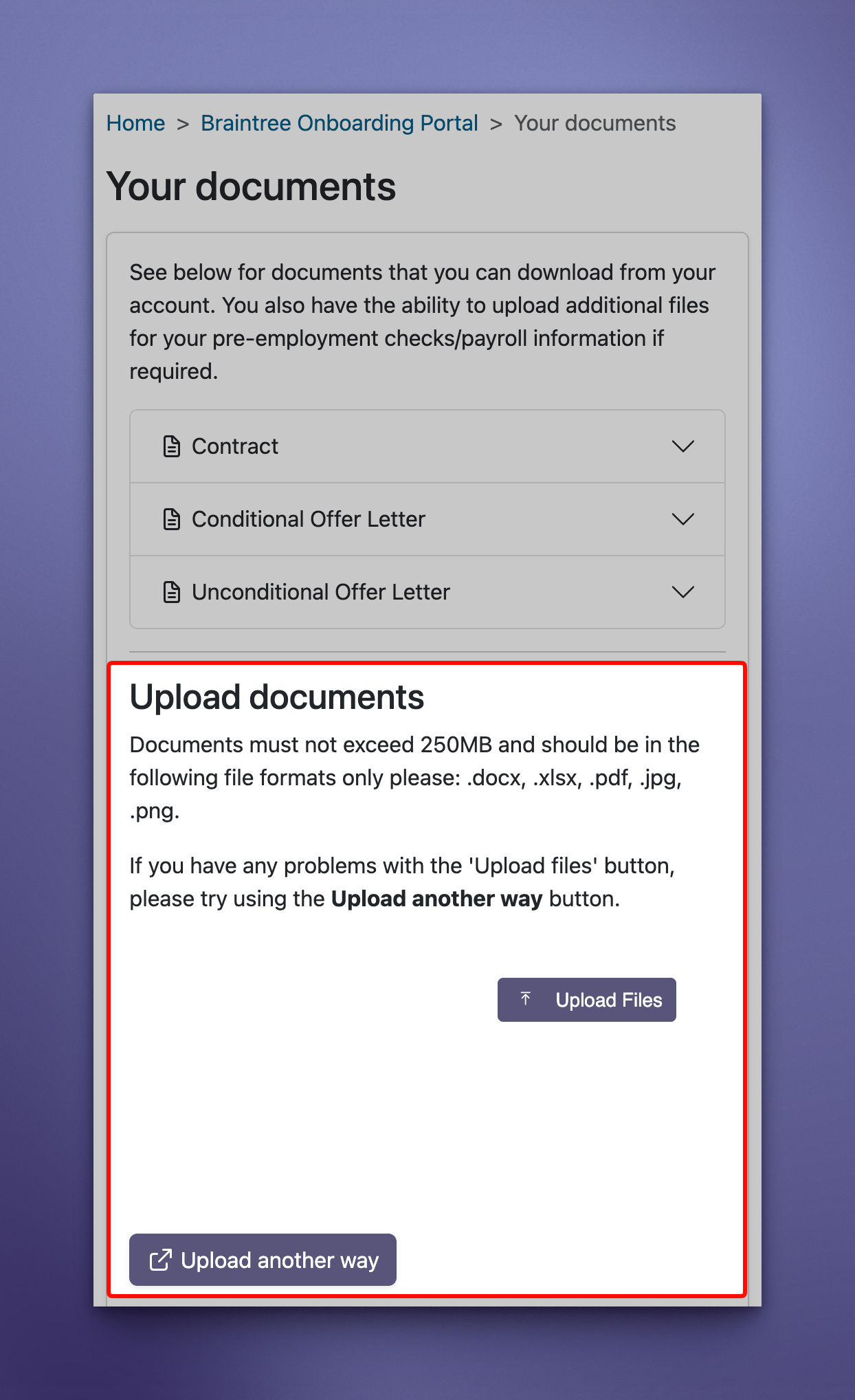Screenshot of the upload documents section
